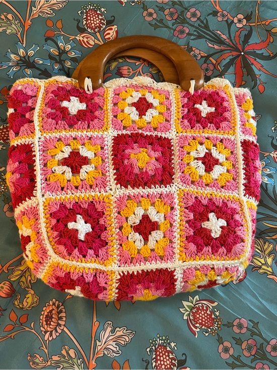 Handbags - Crochet Granny Square Tote Bag with Wooden Handles - Pink Multicolor